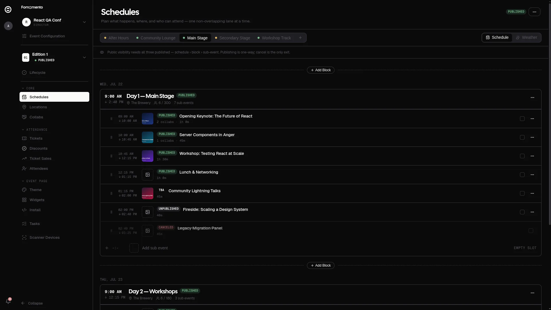 Fomomento event hub — schedule view
