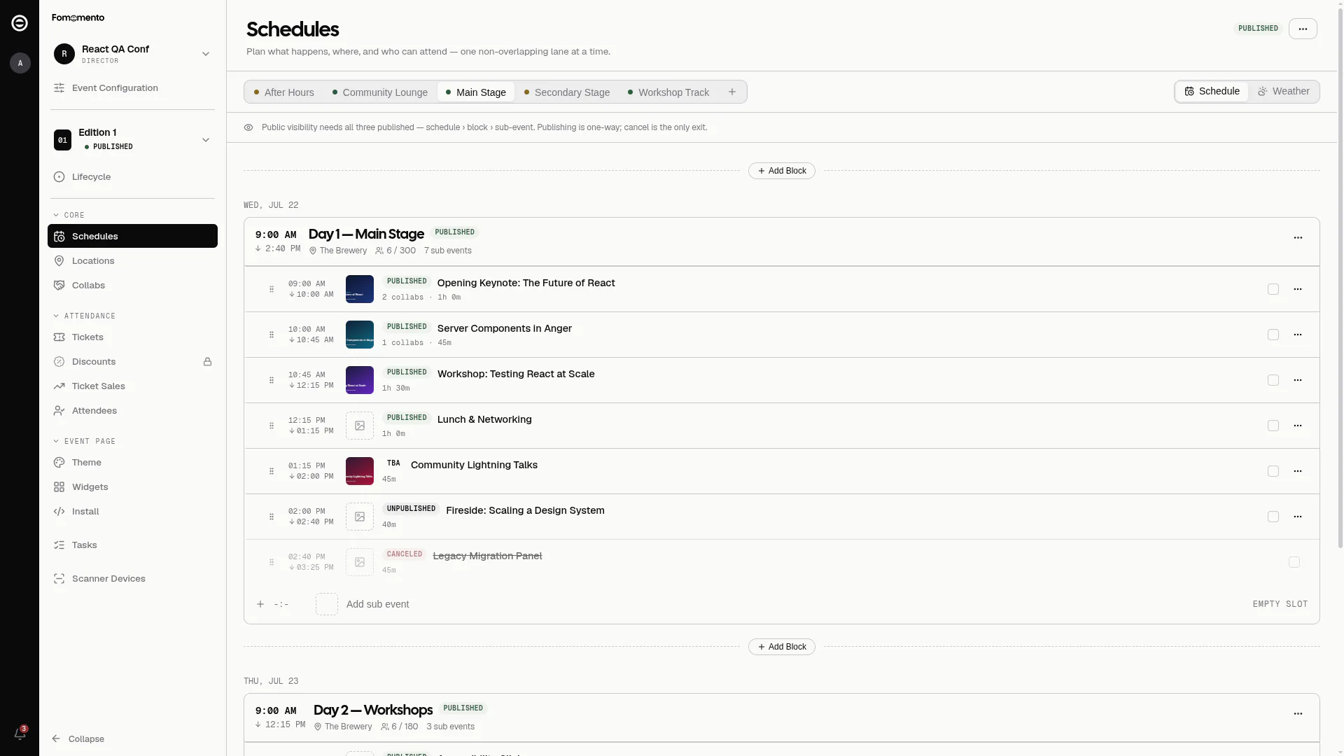 Fomomento event hub — schedule view